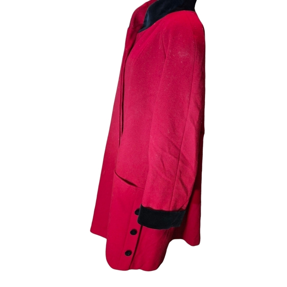 Herman Kay Red Wool and Black Velvet Trim Coat Vintage Women Size 16 - Picture 6 of 16